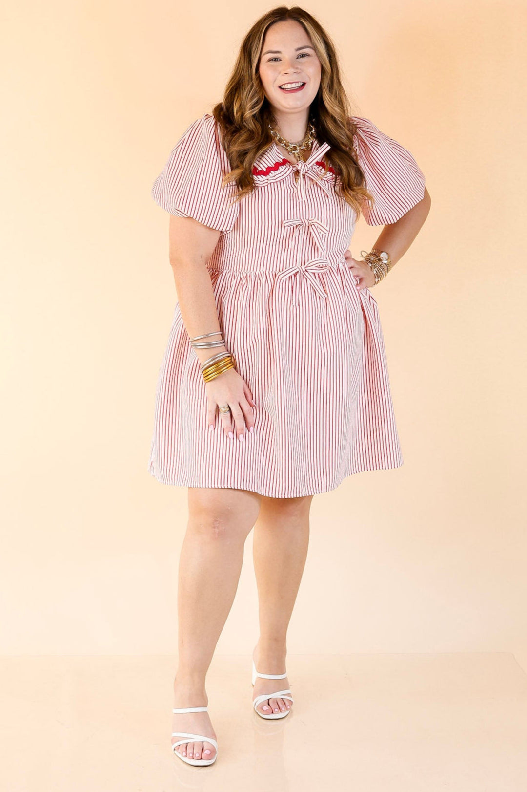 Sweet Statement Striped Babydoll Dress with Peter Pan Collar in Red and White