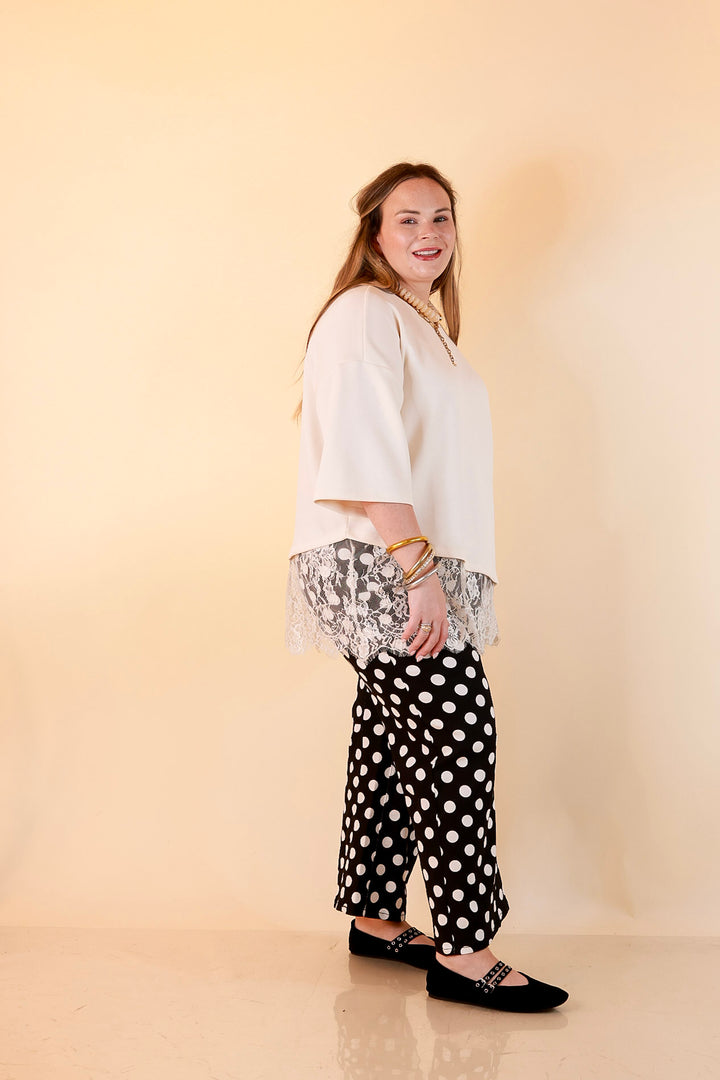 Just My Type Polka Dot Wide Leg Barrel Jeans with Drawstring Waist and Pockets in Black and White