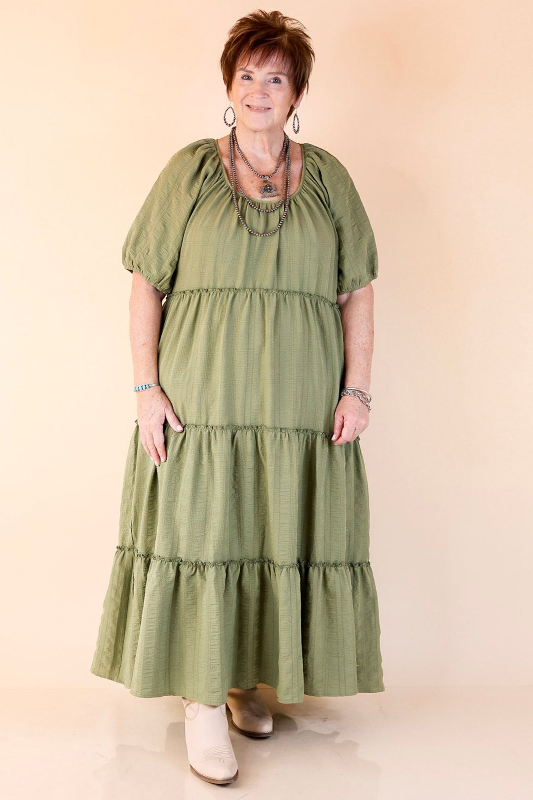 Sweetest Moments Ruffle Tiered Maxi Dress in Olive Green