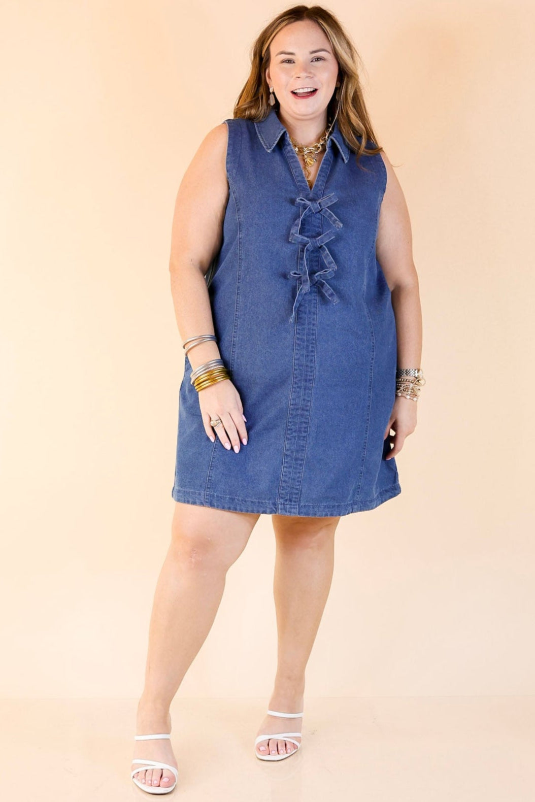 True Blue Sleeveless Collared Denim Dress with Bows M True Blue Sleeveless Collared Denim Dress with Bows M