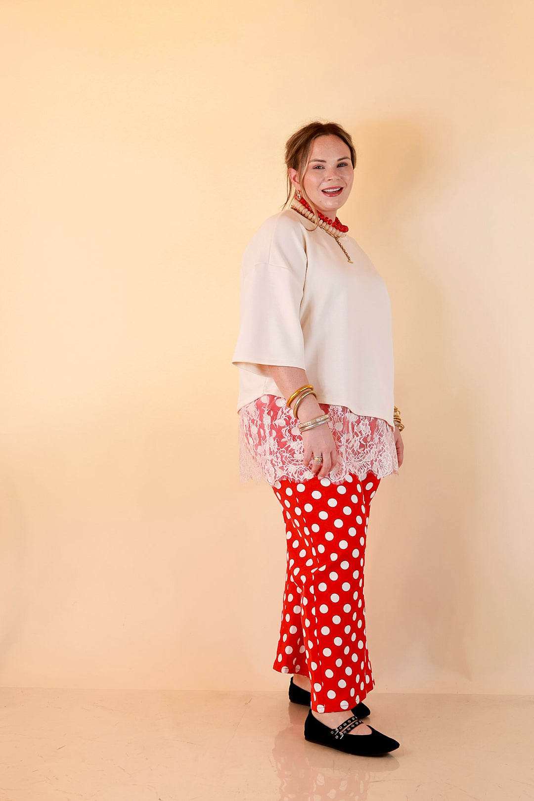 Just My Type Polka Dot Wide Leg Barrel Jeans with Drawstring Waist and Pockets in Red and White