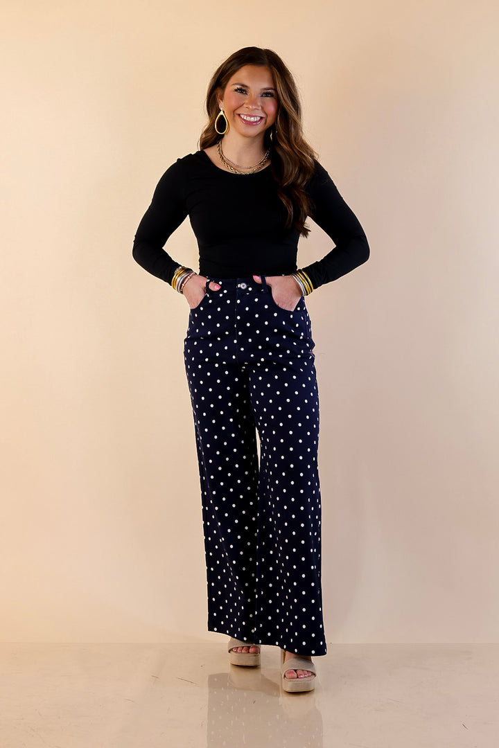 The Best Cropped Wide Leg Polka Dot Denim Jeans in Navy with White Dots