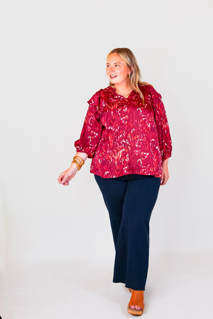 Sweet Charisma Abstract Print Blouse with Notched Neckline in Maroon - Giddy Up Glamour Boutique