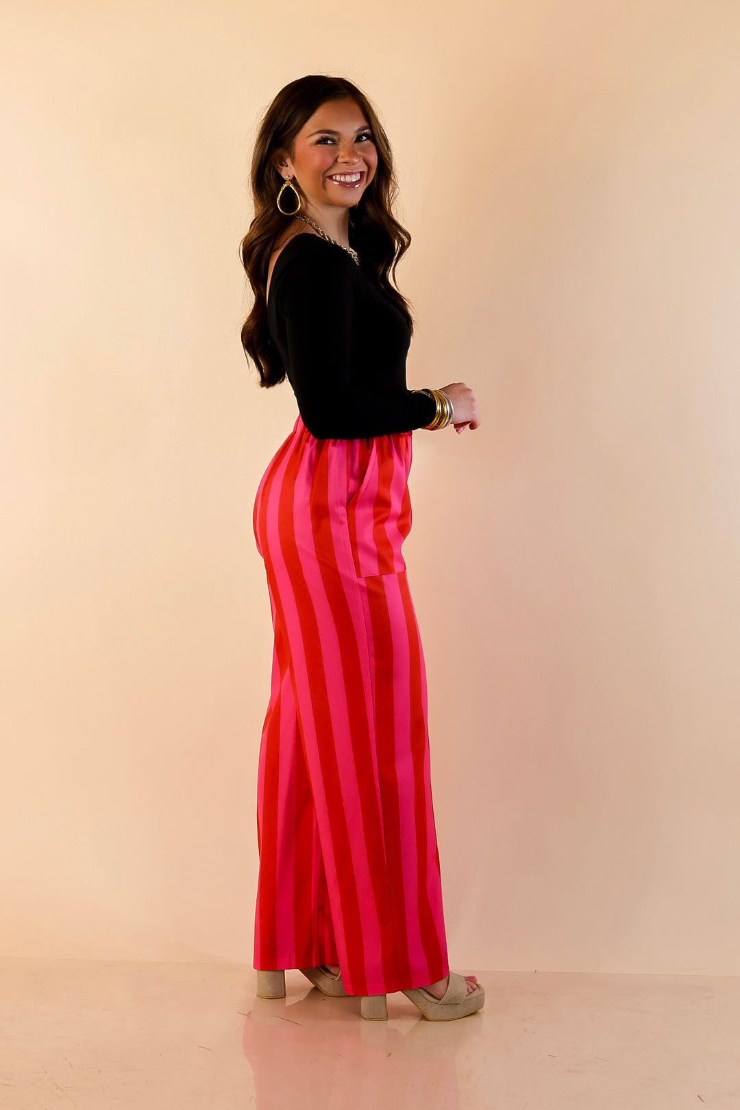 Electric Energy Elastic Waist Wide Leg Stripe Pants with Pockets in Pink and Red