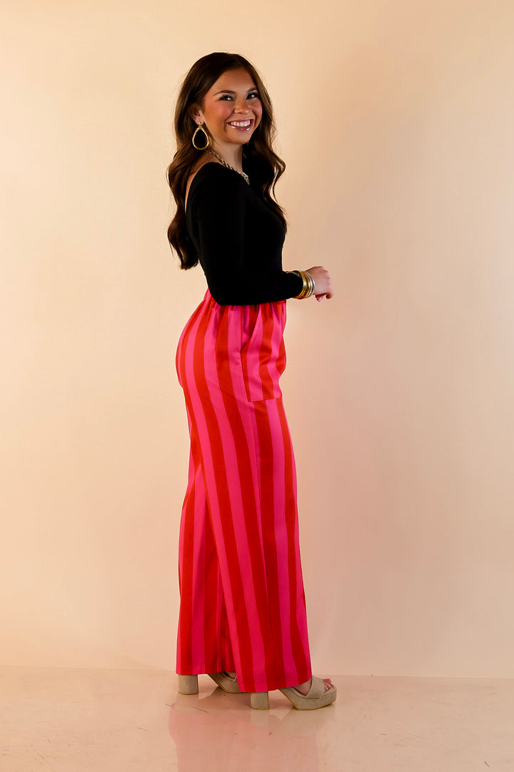 Electric Energy Elastic Waist Wide Leg Stripe Pants with Pockets in Pink and Red