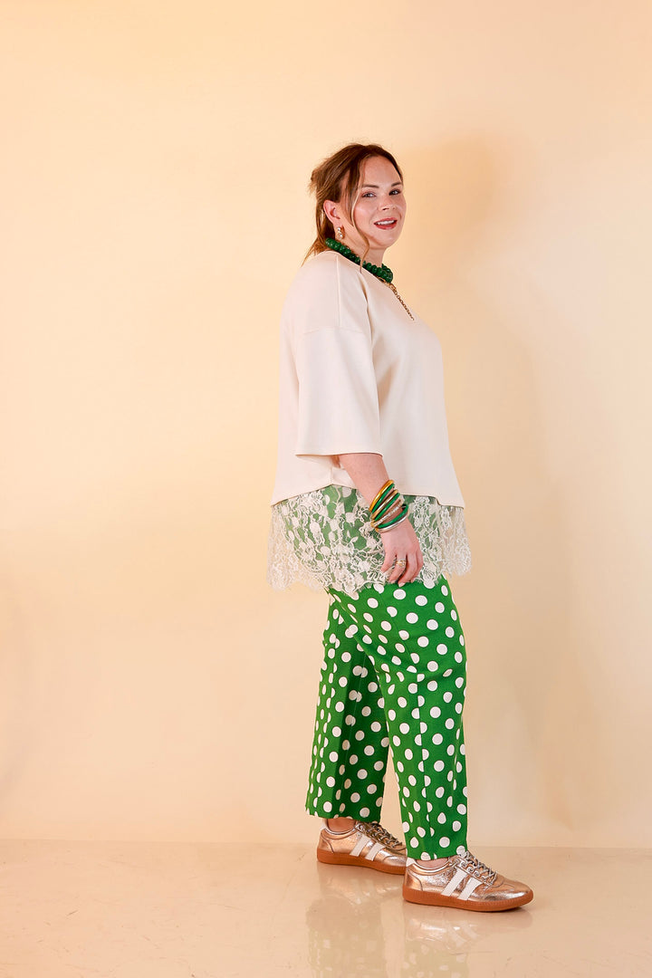 Just My Type Polka Dot Wide Leg Barrel Jeans with Drawstring Waist and Pockets in Green and White