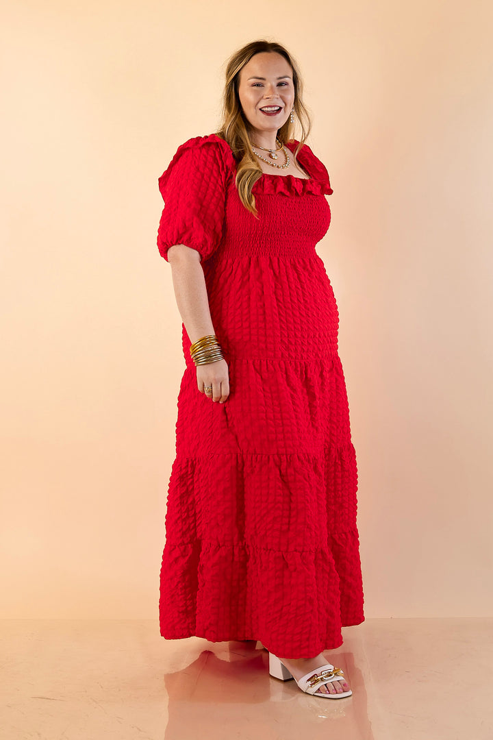 Simply Southern | Radiant Moment Textured Smocked Bodice Tiered Maxi Dress with Puff Sleeves in Red