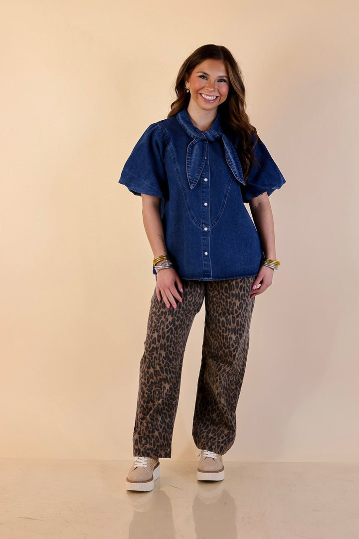 Tie the Moment Denim Pearl Snap Button Front Top with Statement Tie Neckline and Puff Sleeves in Medium Wash