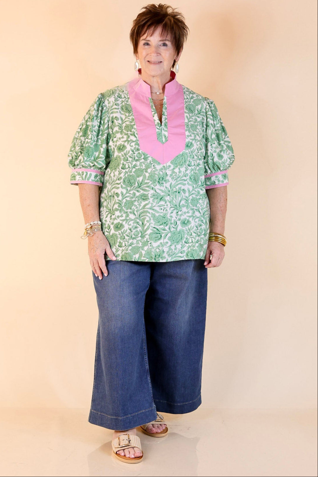 Blush and Bloom Floral Print Top with Short Puff Sleeves in Green