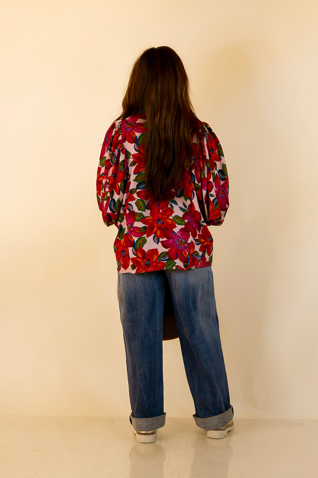 Color Me Confident Floral Print Button Front Contrast Trim Top in Ivory, Plum and Emerald Green