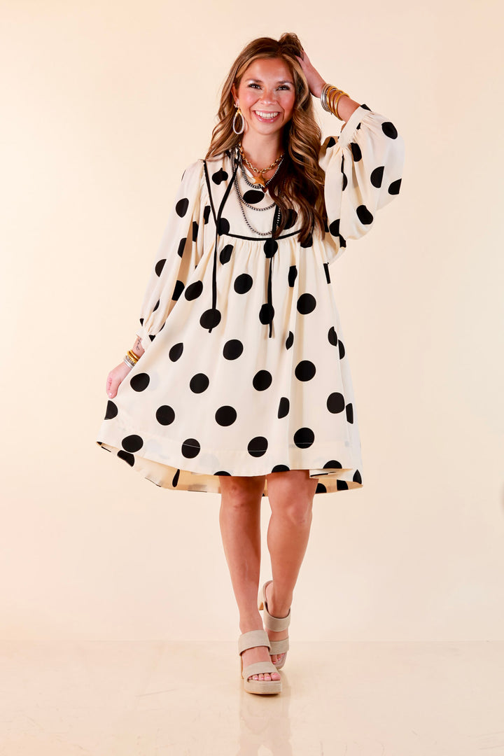 Tea Time Charm Polka Dot Babydoll Dress with Neck Tie and Yoke Detailing in Ivory with Black Dots