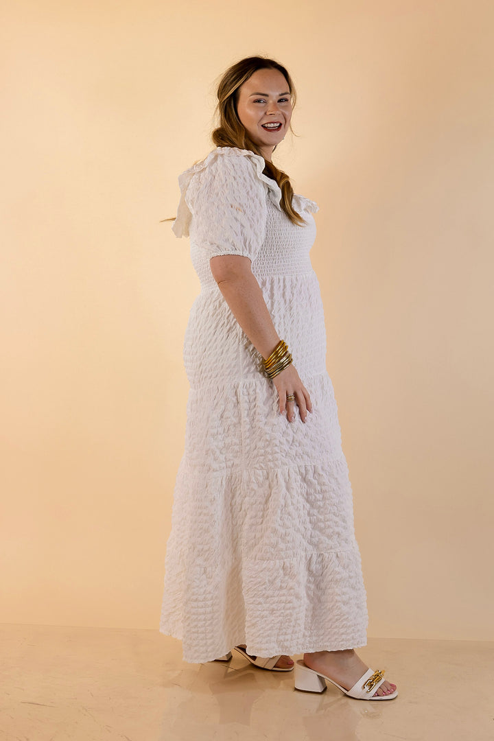 Simply Southern | Radiant Moment Textured Smocked Bodice Tiered Maxi Dress with Puff Sleeves in White