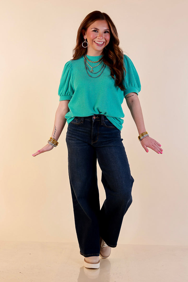 Sweet Sophistication Puff Short Sleeve Ribbed Top with Scoop Neck in Turquoise Blue