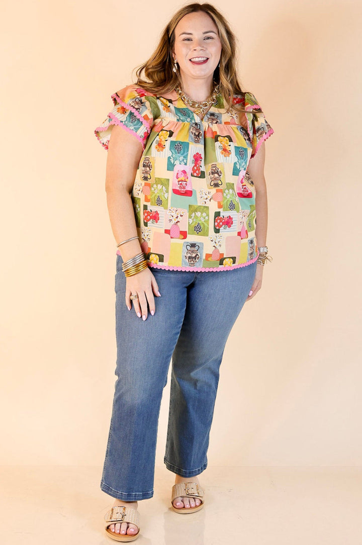 First Choice V Neck Multicolor Abstract Floral Print Top with Ruffle Cap Sleeves