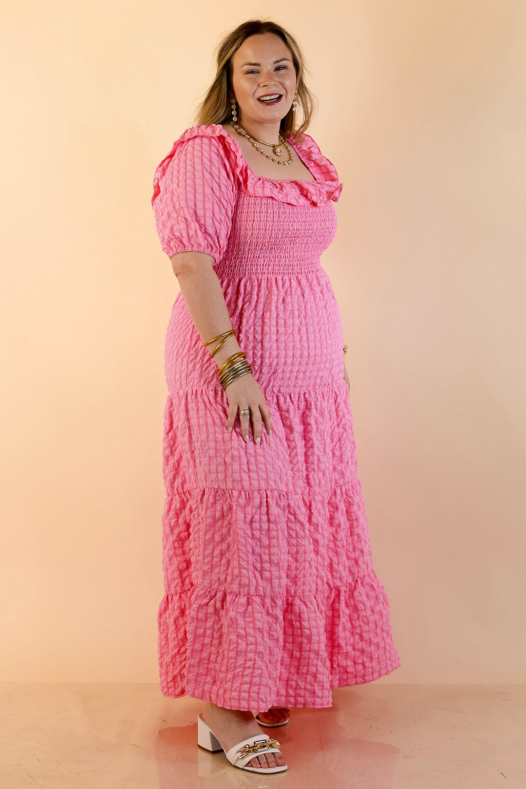 Simply Southern | Radiant Moment Textured Smocked Bodice Tiered Maxi Dress with Puff Sleeves in Pink