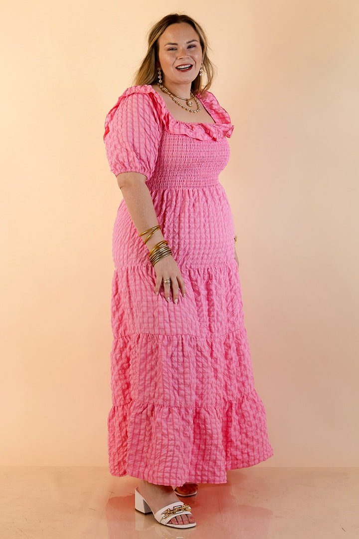 Simply Southern | Radiant Moment Textured Smocked Bodice Tiered Maxi Dress with Puff Sleeves in Pink