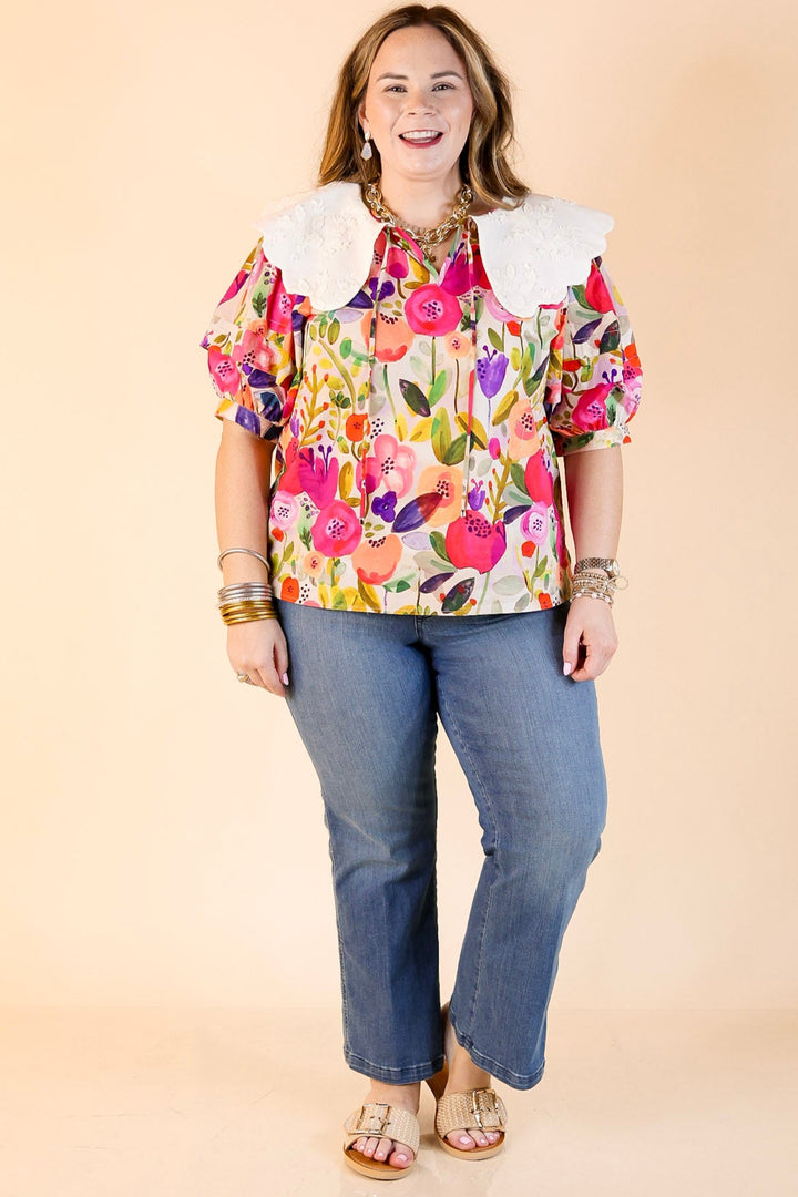Lovely Look Multicolor Floral Print Top with White Peter Pan Collar