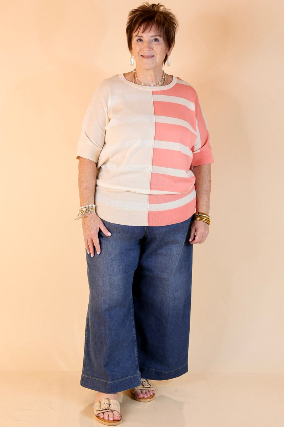 Urban Chic Color Block Striped Knit Top in Cream and Coral