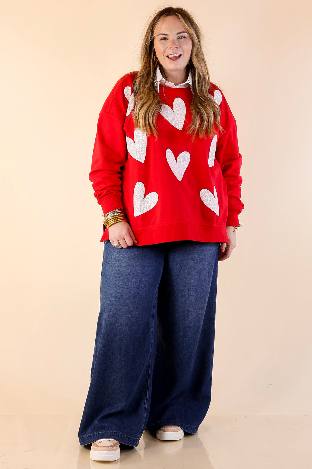 Mud Pie | Heart on My Sleeve Oversized Sequin Hearts Graphic Sweatshirt in Red
