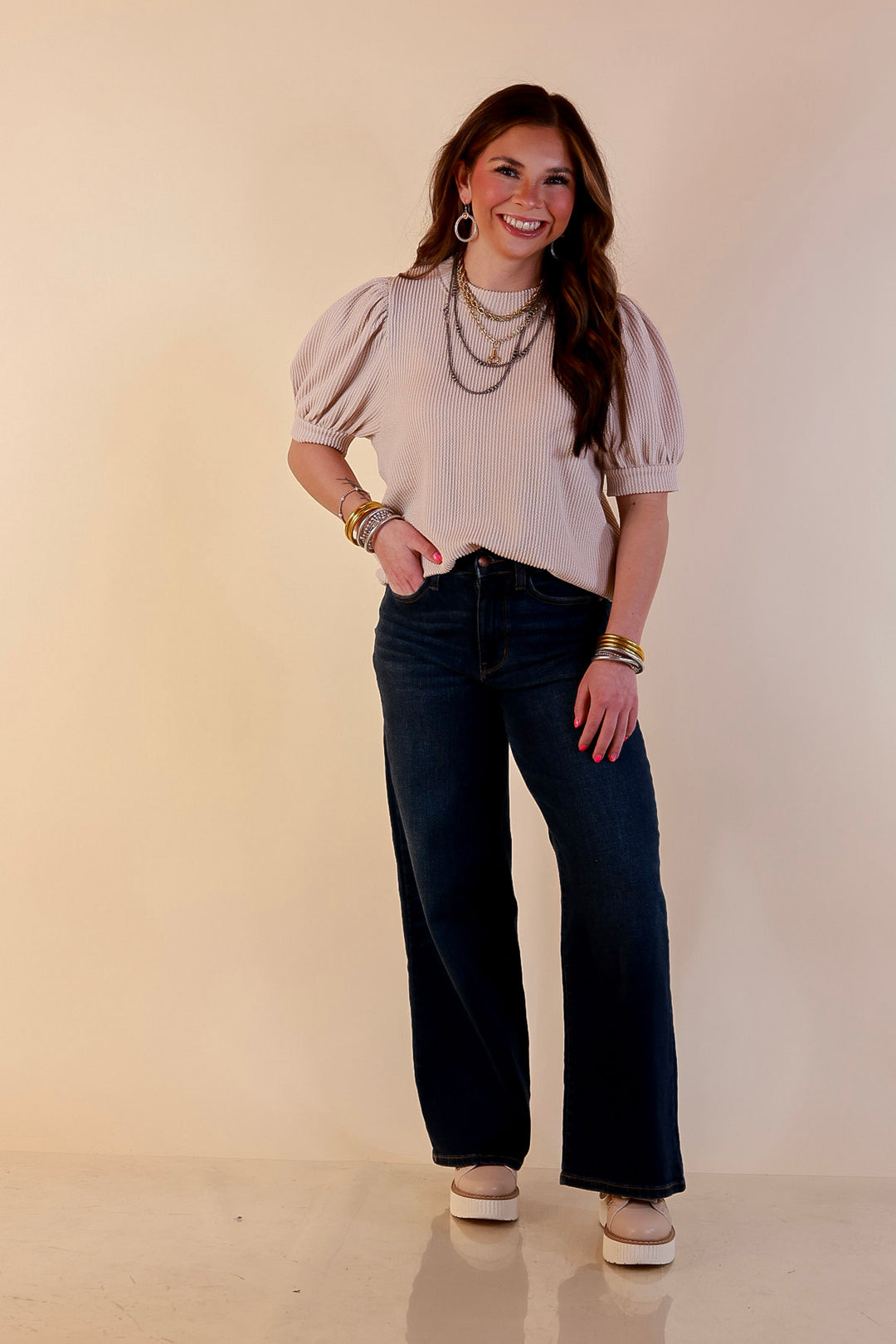 Sweet Sophistication Puff Short Sleeve Ribbed Top with Scoop Neck in Beige
