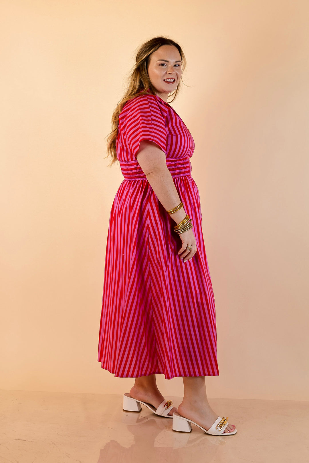 Zip Front Midi Stripe Dress Smocked Waist Short Sleeves in Red & Pink S