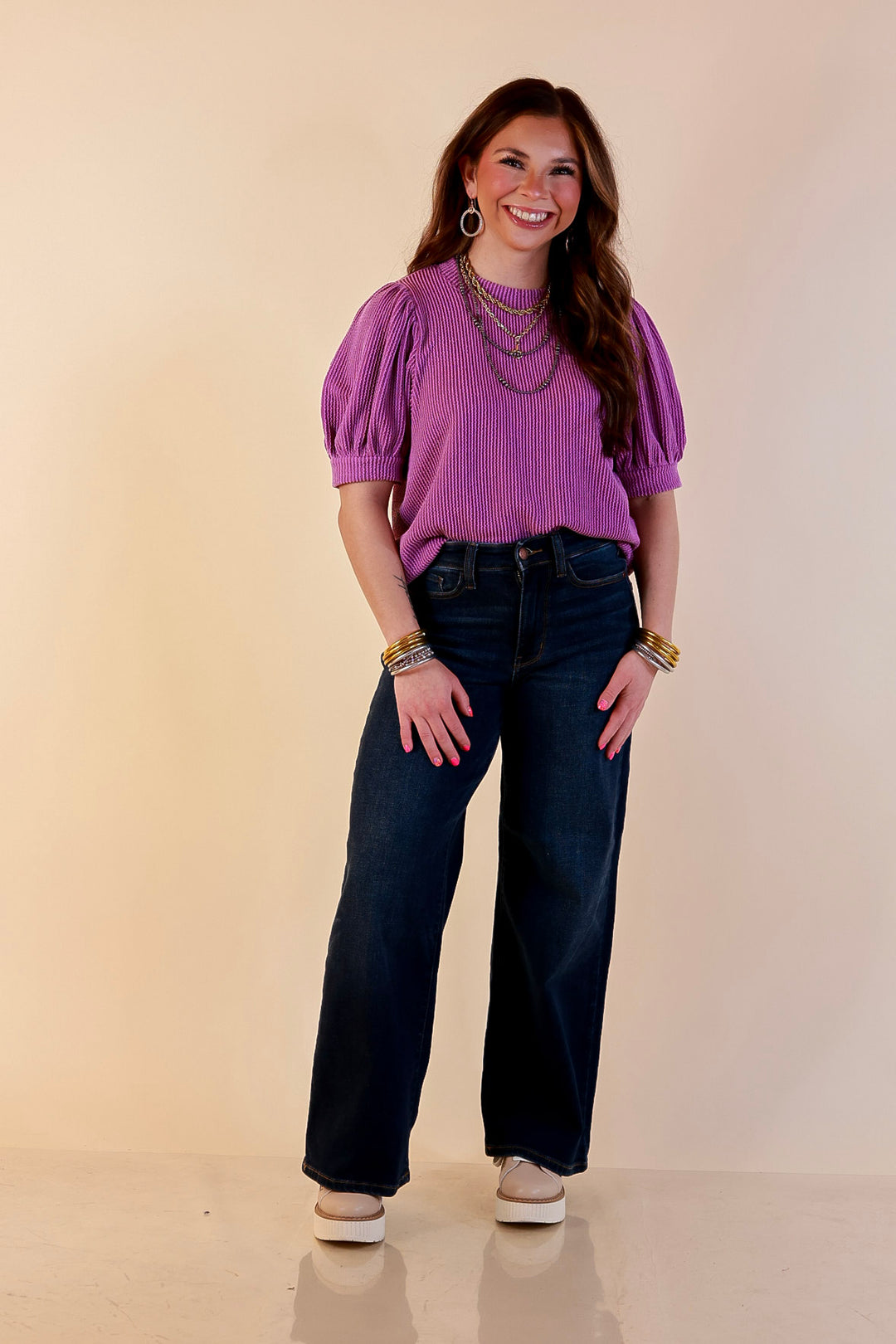 Sweet Sophistication Puff Short Sleeve Ribbed Top with Scoop Neck in Purple