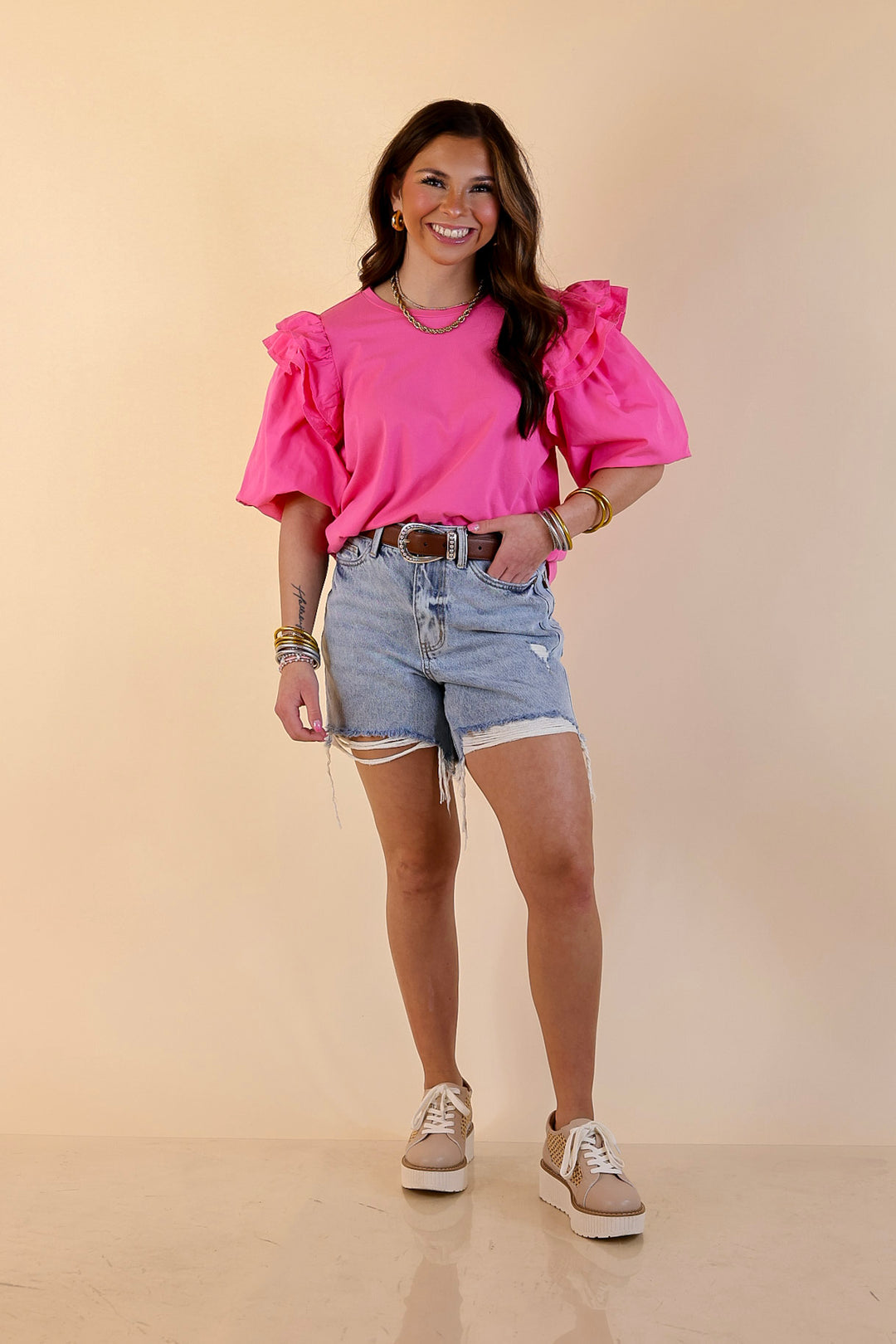Mud Pie | Standout Style Ruffle Puff Sleeve Knit Top in Hot Pink
