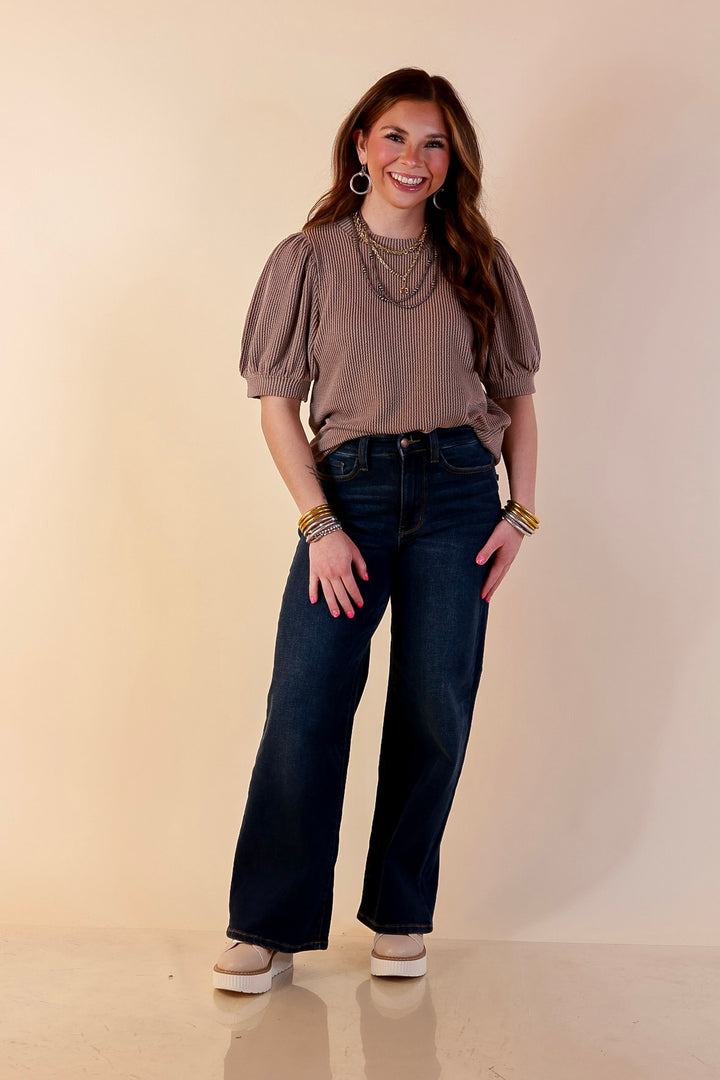 Sweet Sophistication Puff Short Sleeve Ribbed Top with Scoop Neck in Mocha Brown