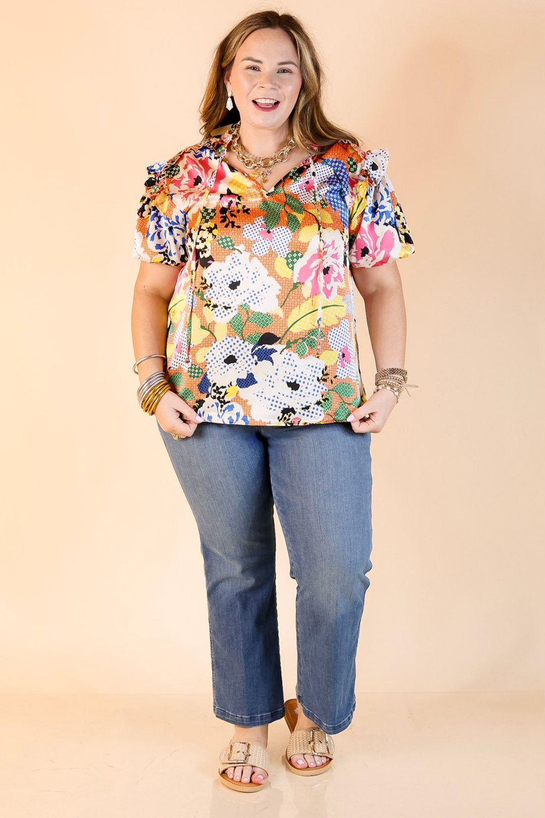 Malibu Villa Floral Print Top with Keyhole and Tie Neckline in Orange Mix