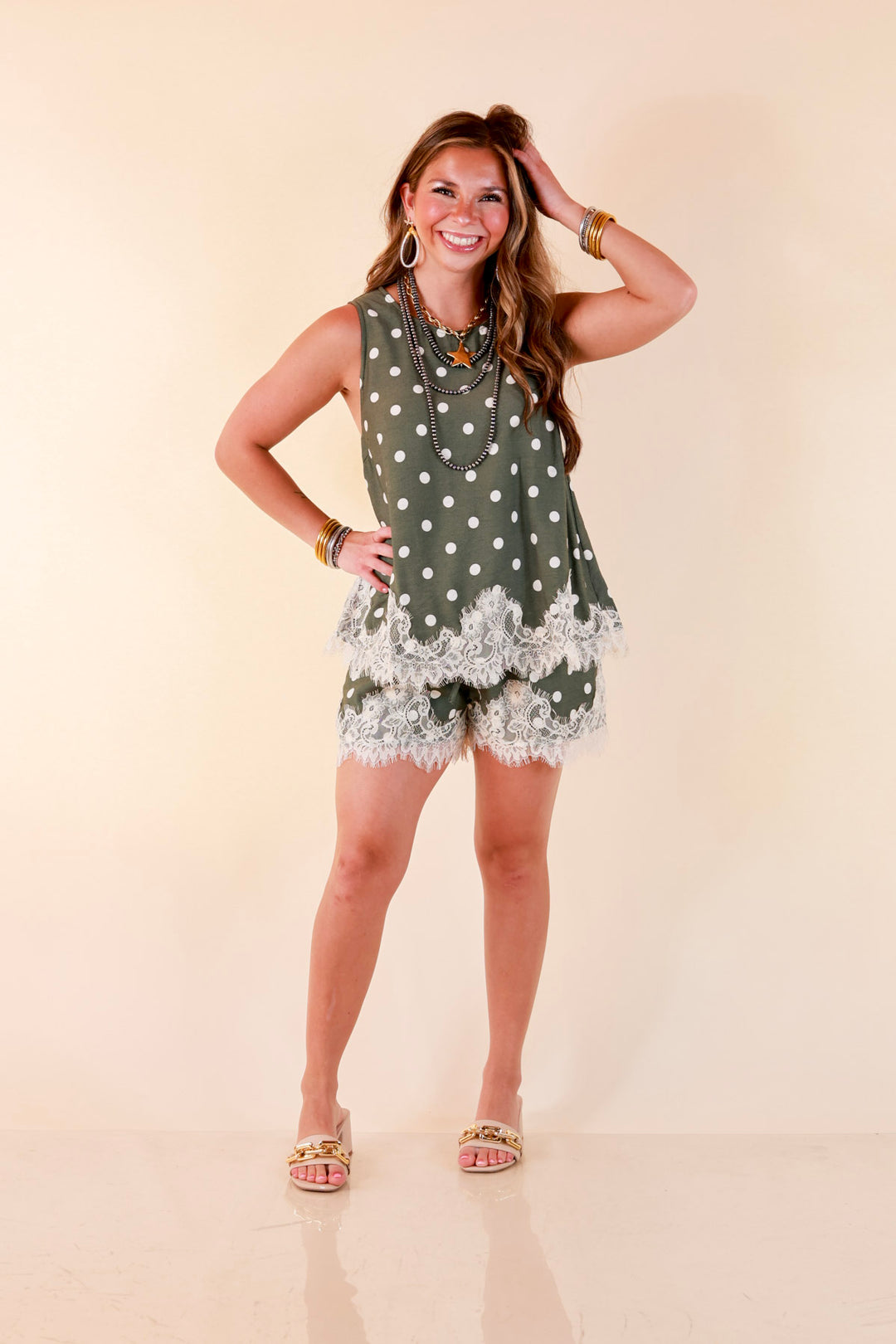 Pretty Little Something Polka Dot Drawstring Shorts with Lace Trim in Olive Green
