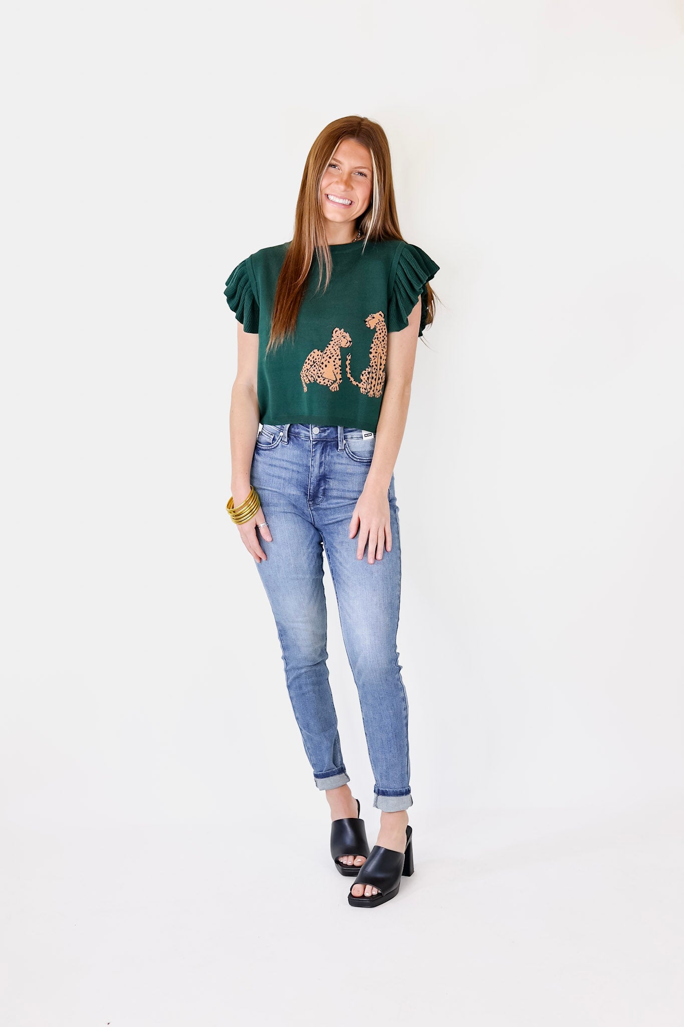 Talk This Way Cheetah Print Sweater Top with Ruffle Cap Sleeves in Hunter Green - Giddy Up Glamour Boutique