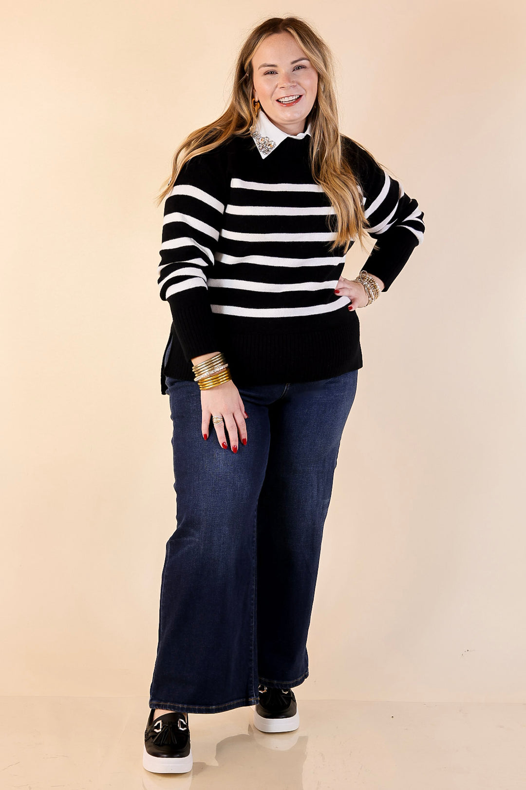 Chilly Day Charm Mock Neck Long Sleeve High-Low Striped Sweater in Black with Ivory Stripes