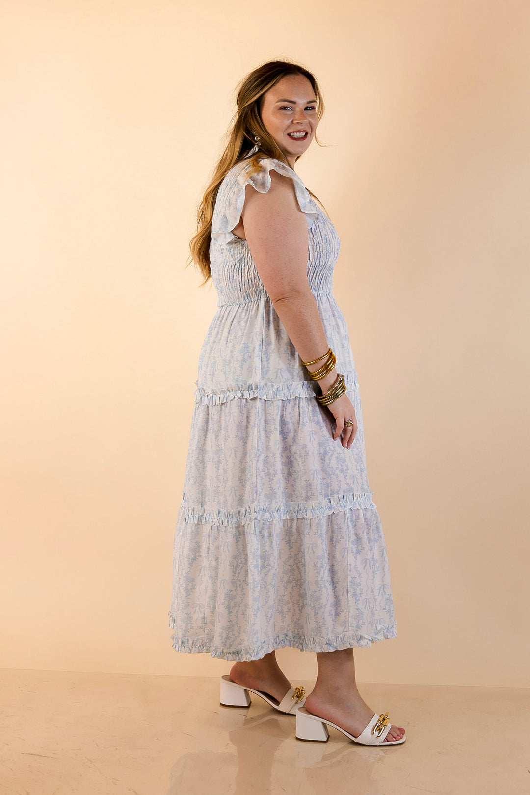 Mud Pie | Graceful Charm Smocked Toile Print Tiered Midi Dress with Ruffle Sleeves in Blue and White