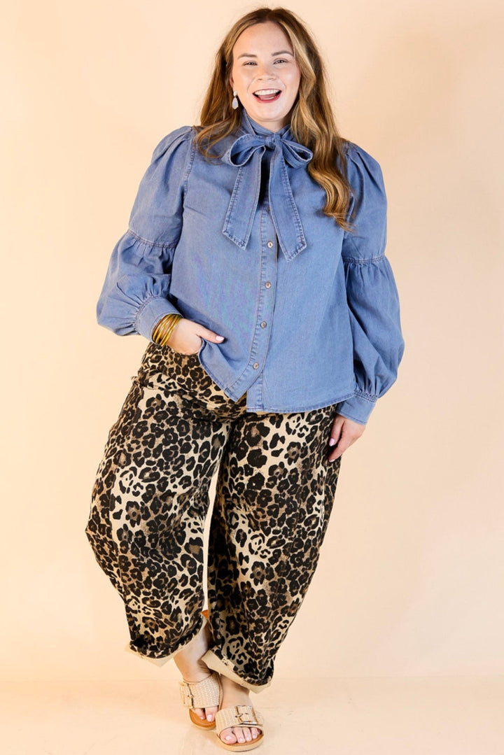 Steal the Show Denim Long Sleeve Button Up Top with Detachable Bow Tie