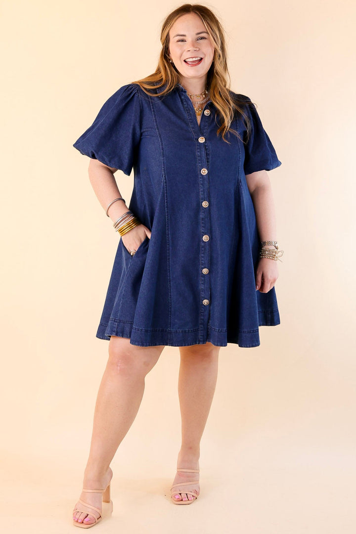 Denim Diva Button Up Denim Dress with Short Puff Sleeves