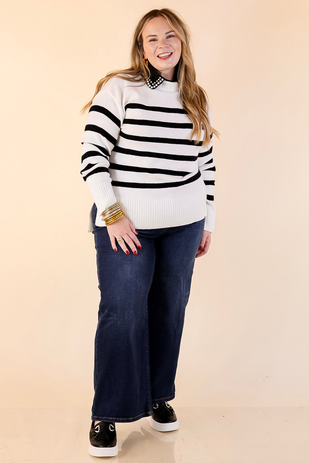 Chilly Day Charm Mock Neck Long Sleeve High-Low Striped Sweater in Ivory with Black Stripes