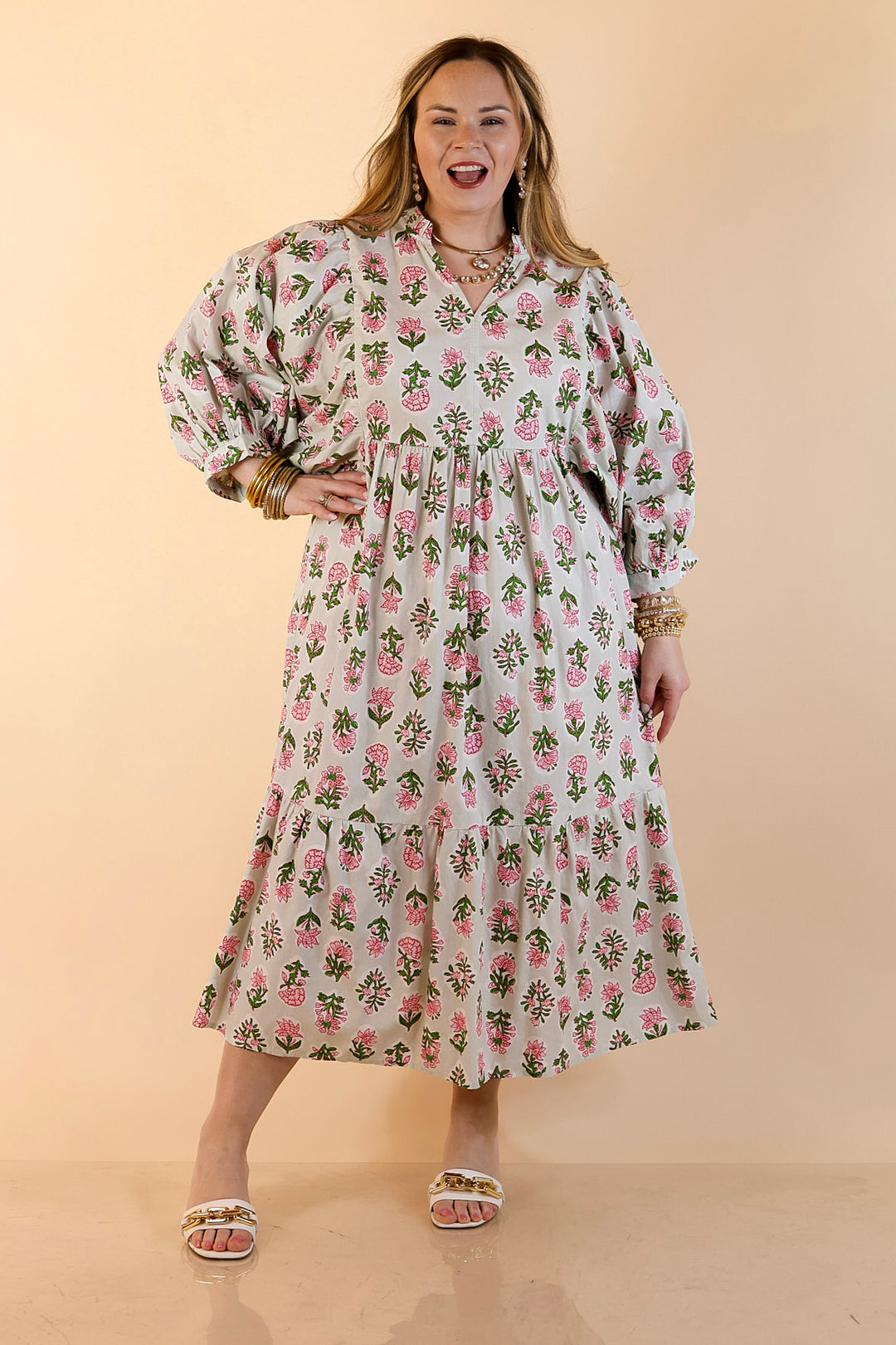 Mud Pie | Lovely Impression Cotton Poplin Floral Midi Dress with Ruffle Collar and Puff Sleeves in Sage Multi