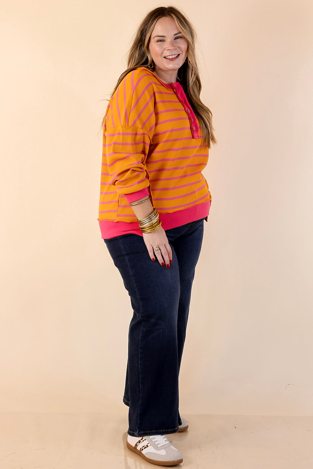 Casual Edge Long Sleeve Striped Henley Knit Top with Dropped Shoulders in Orange with Pink Stripes