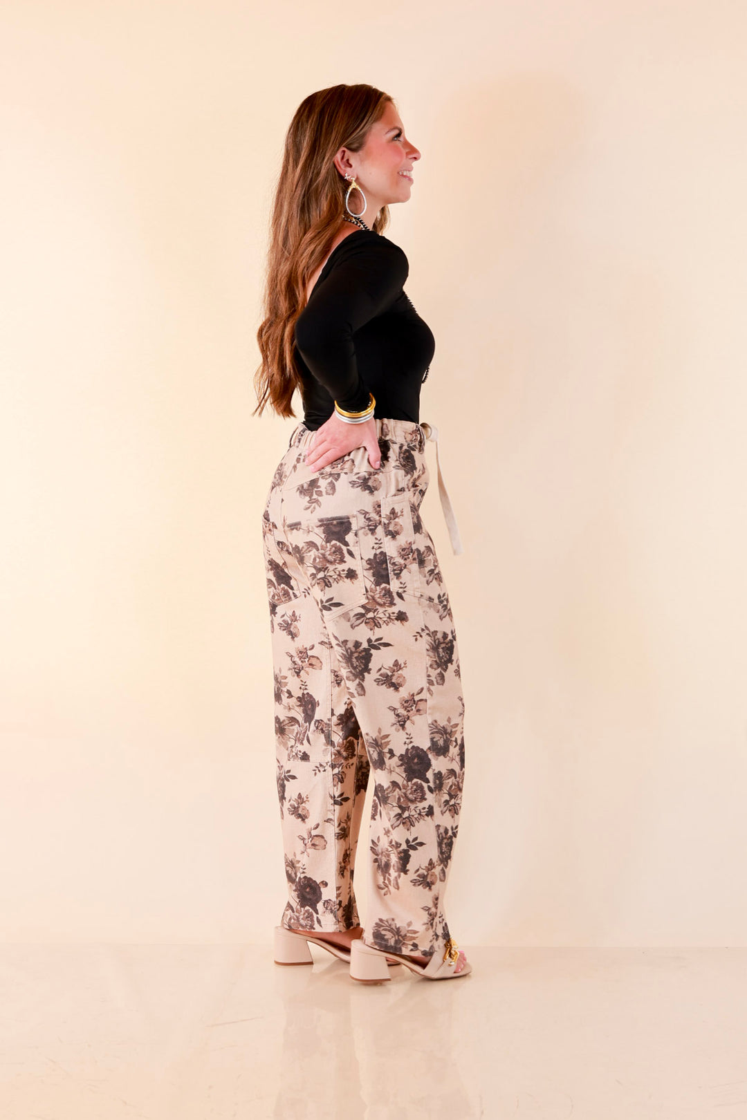 Just My Type Floral Print Wide Leg Barrel Jeans with Drawstring Waist in Beige