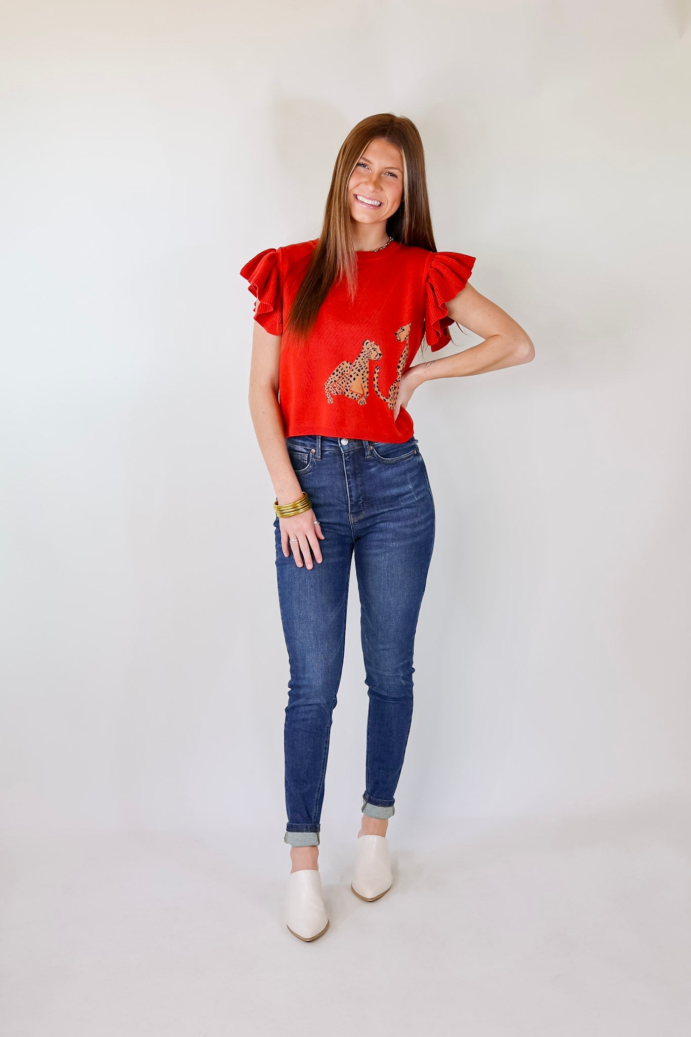 Talk This Way Cheetah Print Sweater Top with Ruffle Cap Sleeves in Red - Giddy Up Glamour Boutique