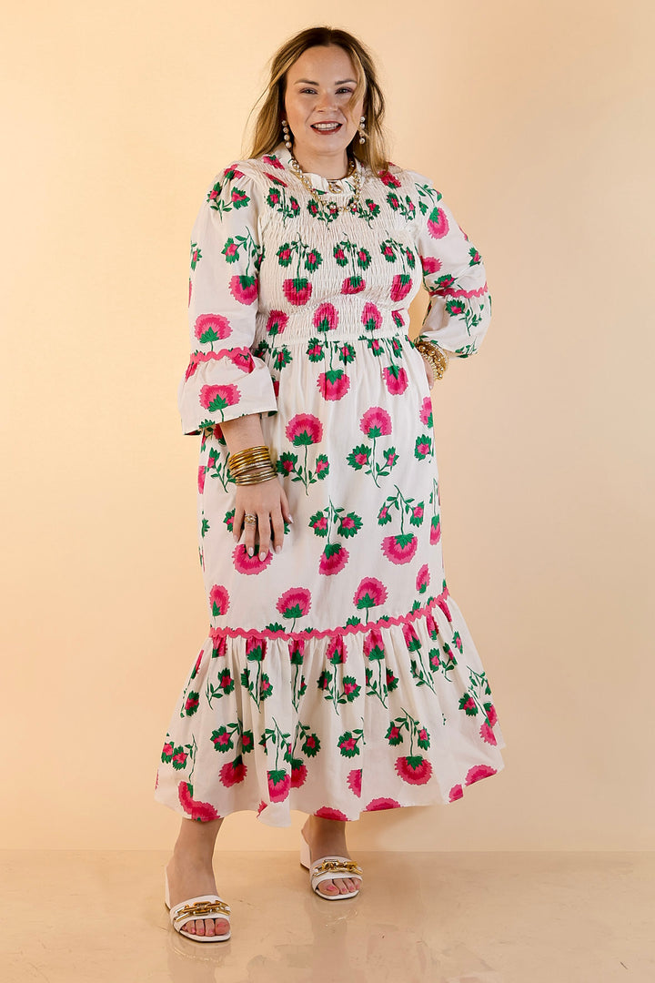 Mud Pie | Petal Parade Smocked Floral Print Tiered Midi Dress with Scallop Trim in Cream Multi