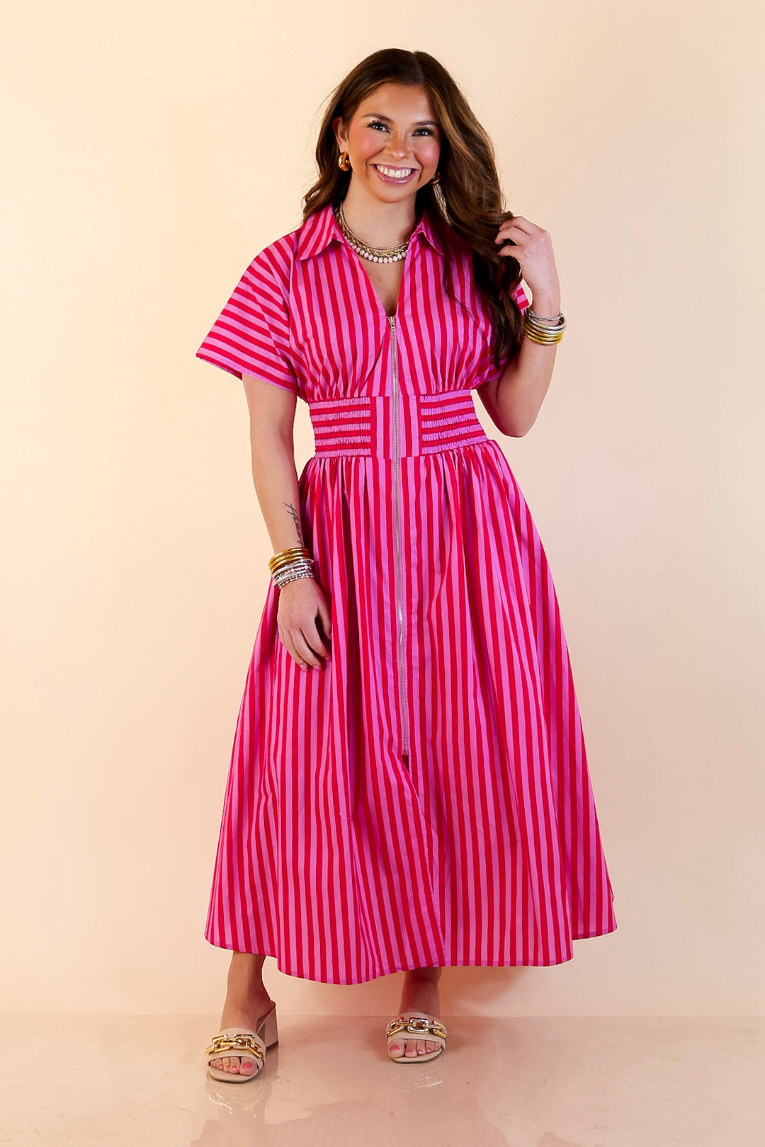 Modern Charm Zip Front Midi Striped Print Dress with Smocked Waist and Short Sleeves in Pink and Red