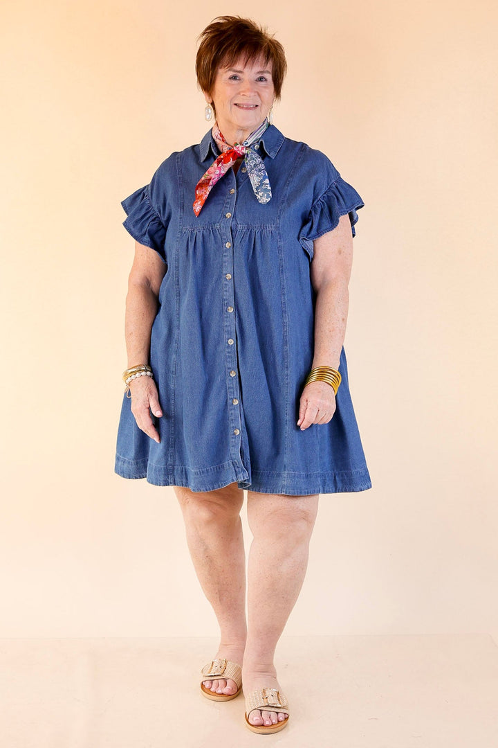 Denim Darling A-Line Button-Up Dress With Ruffle Sleeves and Collar in Classic Blue