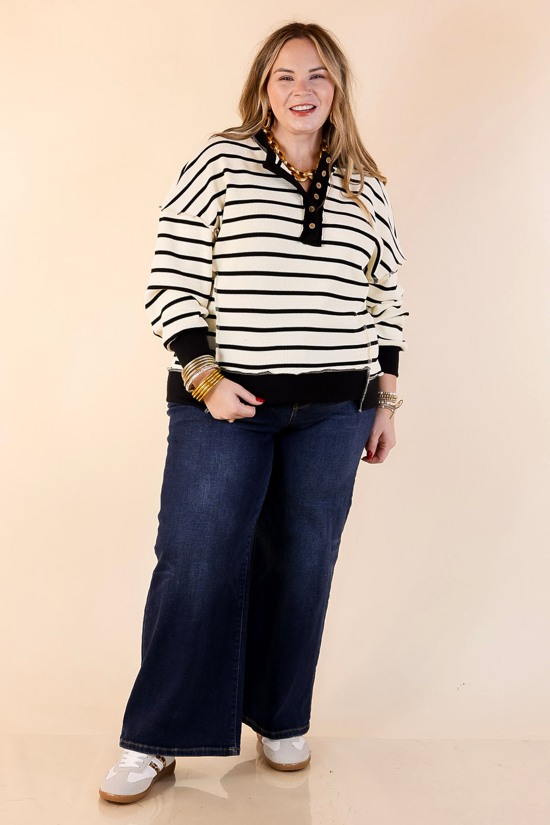 Casual Edge Long Sleeve Striped Henley Knit Top with Dropped Shoulders in Ivory with Black Stripes