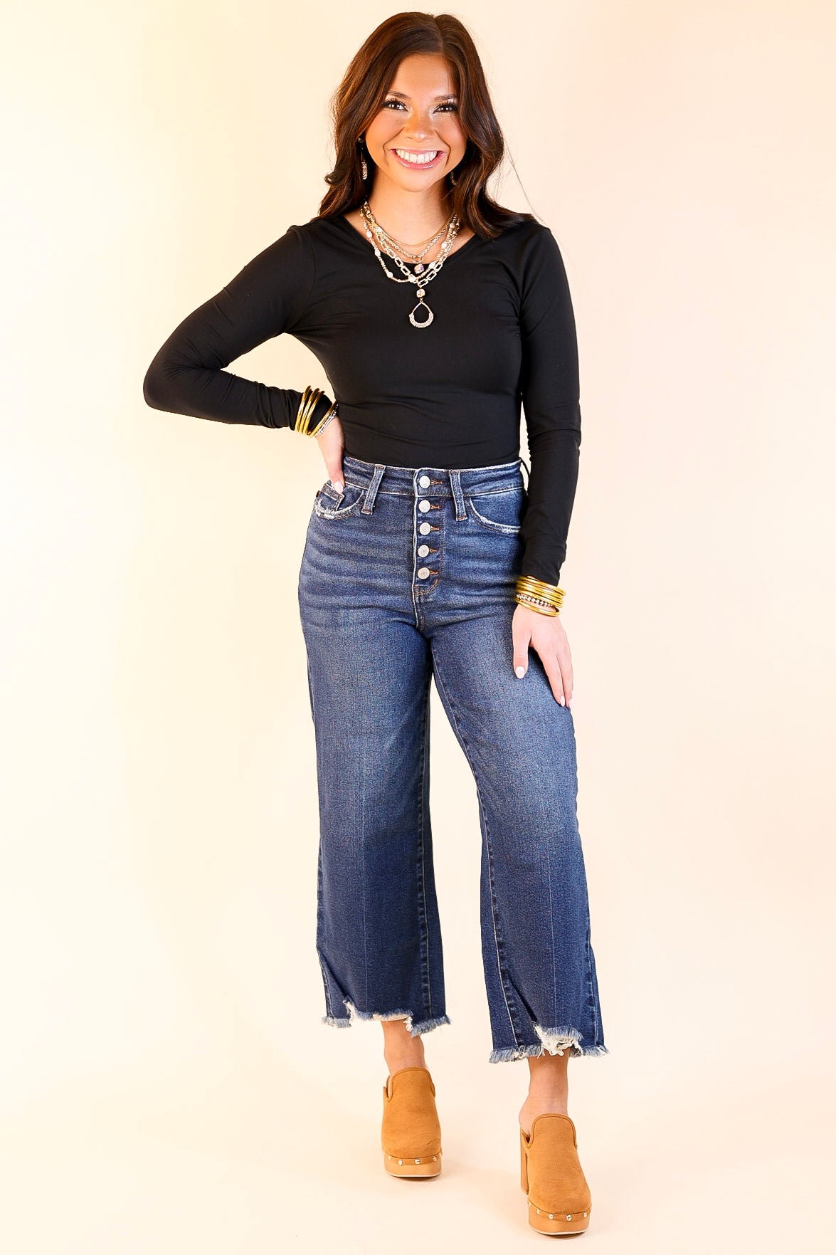 Judy Blue | Lead the Way High Waisted Button Fly Cropped Wide Leg Jean with Destroy Hem in Medium Wash