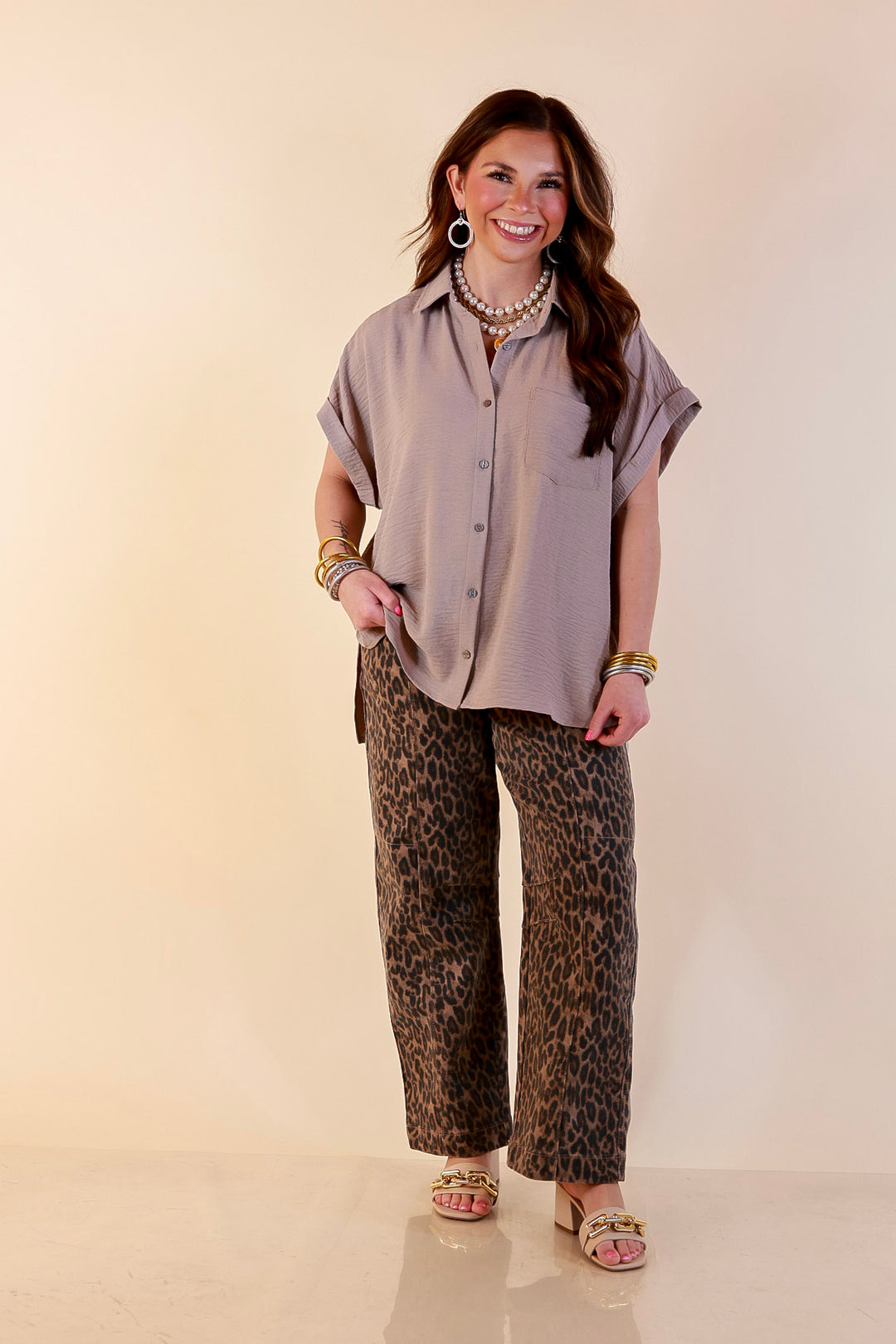 Timeless Appeal Woven Airflow Button Front Top with Rolled Cuff Short Sleeves and Front Pocket in Light Mocha Brown