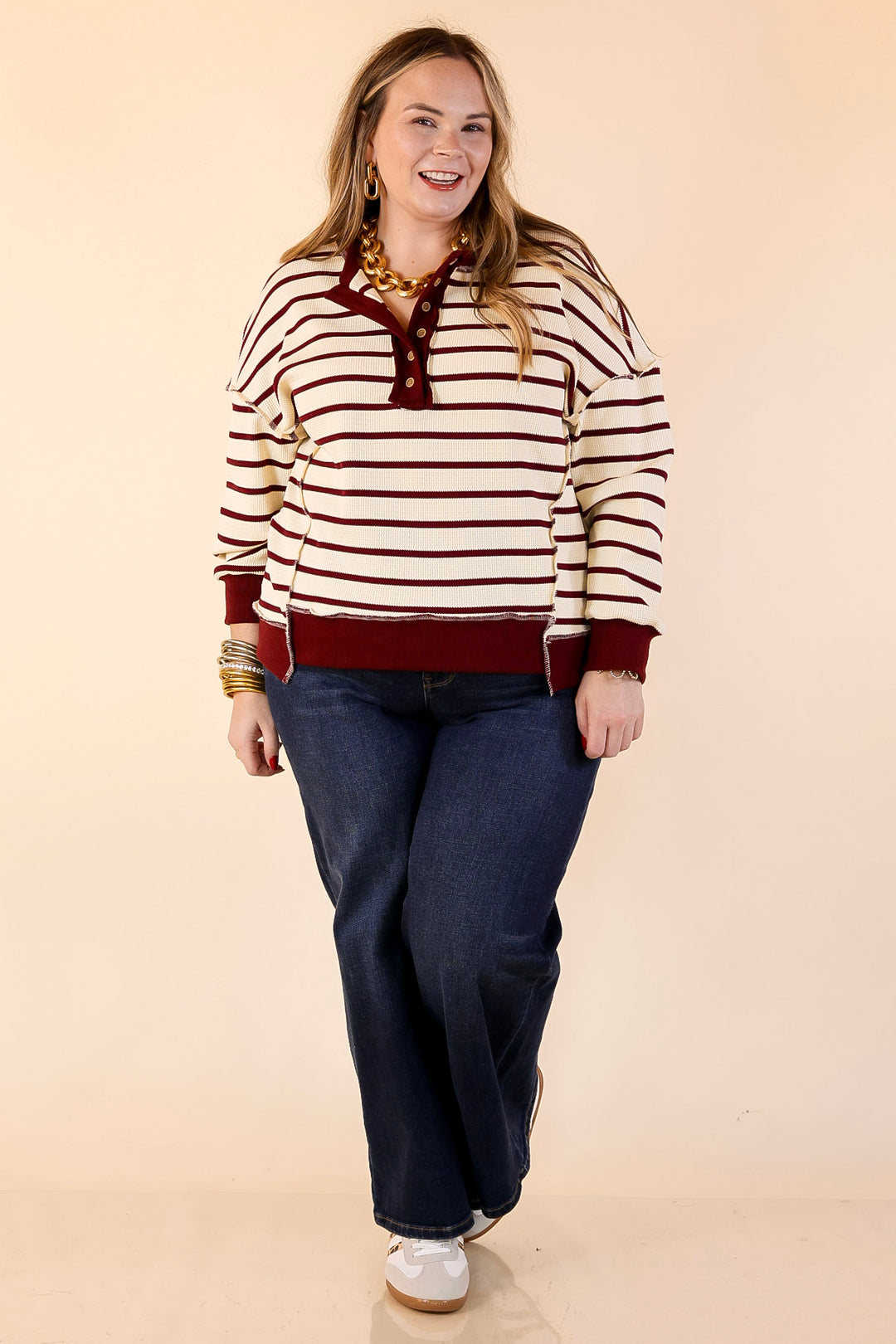 Casual Edge Long Sleeve Striped Henley Knit Top with Dropped Shoulders in Ivory with Maroon Stripes
