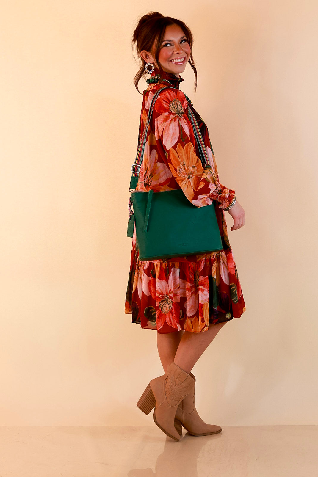 Autumn Romance Ruffle Neck Long Sleeve Floral Peplum Dress in Rust Red Multi