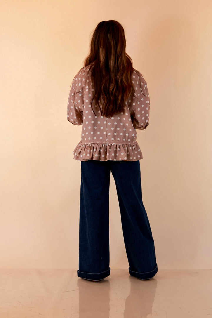 Style Agenda Button Down Peplum Top with Polka Dot Print in Taupe and White