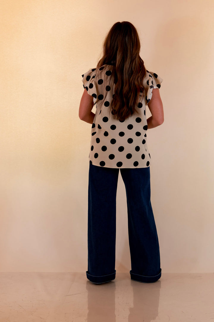 In Good Company Large Polka Dot Blouse with Ruffle Sleeves and Contrast Trim and Collar in Cream with Black Dots